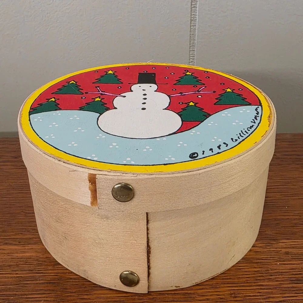 CLEARANCE 💲6️⃣‎ 1983 Lillian Vernon Hand Painted Snowman Tree Wood Box Round